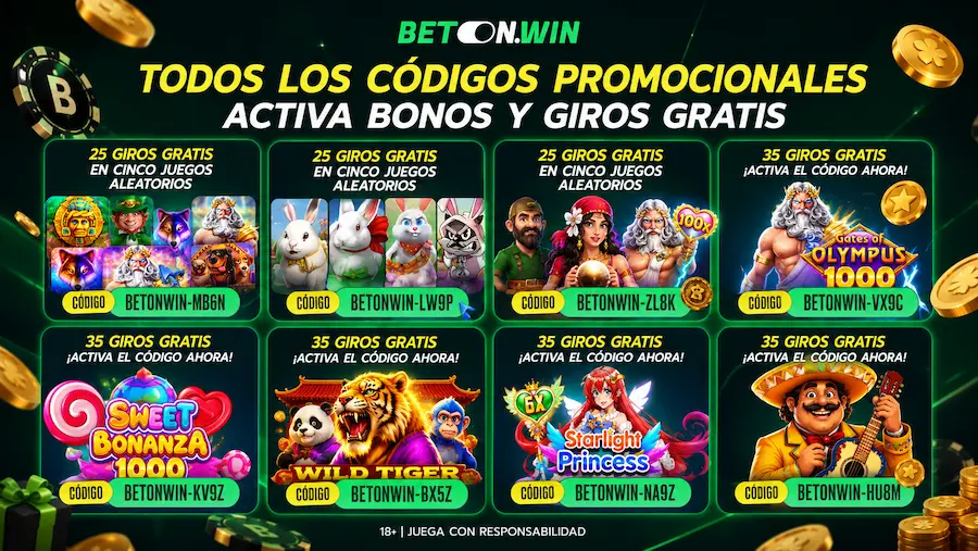 Códigos promocionales de BetonWin con giros gratis y bonos para tragamonedas